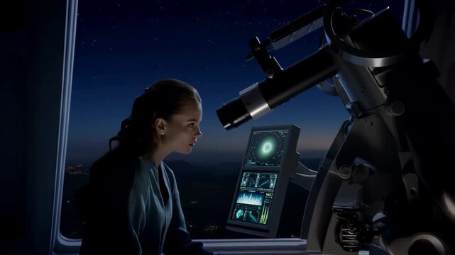A Young Astronomer Observes Celestial Wonders Through a High-Tech Microscope in a Darkened Observatory, Under the Stars, Revealing the Beauty of the Universe