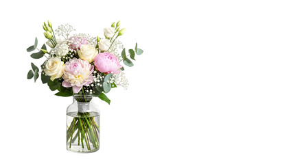 Beautiful bouquet of flowers in a glass vase isolated on transparent background © NOORE