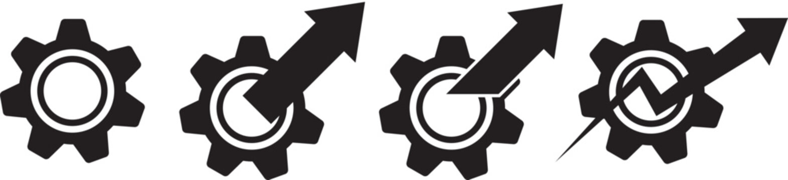 Industrial gear with upward arrow representing business growth and technical efficiency optimization in professional context. Gear icon with three upward arrows indicating growth, progress, and improv