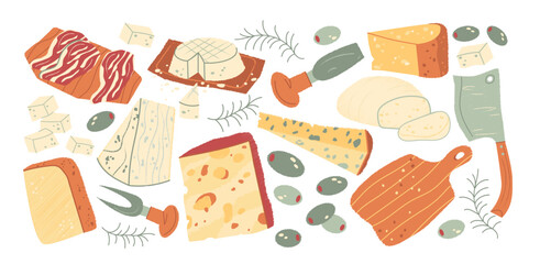 Varieties of cheese in retro cartoon style. Antipasti set: mozzarella, gouda, parmesan, olives, grapes. Gourmet snack,cheese plate composition, illustration in funky, doodle style, sticker set.