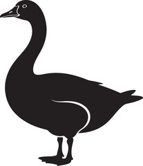 Black silhouette of a goose standing, clean graphic illustration on a grey background