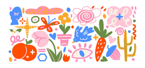 Fototapeta premium Cartoon doodle y2k patches, labels, tags, stickers, stamps in retro. Groovy abstract cute stickers in funky hipster grunge 90s style. Vector set, trendy promo labels