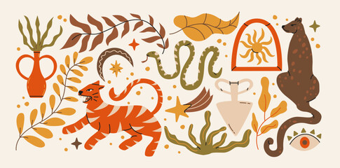 Fototapeta premium Mystical boho tropical forest animals, plants, moon, sun.Ethnic magical symbols for spiritual illustration, folklore fairy tale, magical mysterious enigmatic forest. Nature bohemian decoration 