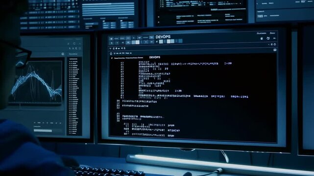 A Technical Analyst Analyzing Complex Data on Multiple Monitors in a Dark Environment, Enhancing Insights Through Advanced Coding and Graphical Representations