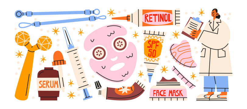 Cosmetology skincare stickers in retro cartoon style. Serum, retinol, face mask, injection and dermatology treatment elements for beauty clinic, aesthetic medicine, facial care procedures