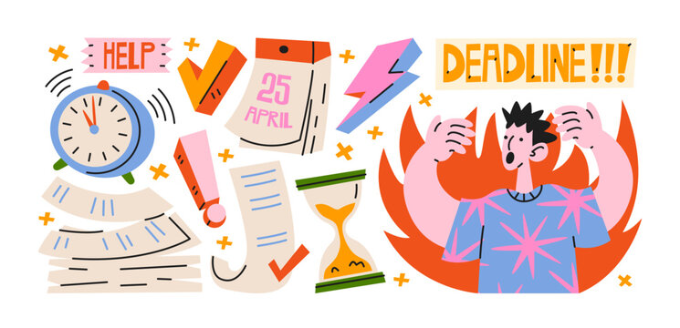 Deadline stress stickers with time management and work pressure elements including calendar, clock, documents and deadline reminder symbols for office productivity and task planning concepts