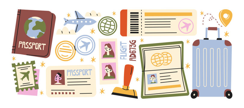 Travel documents and passport control stickers in cartoon style. Visa approval, airport travel paperwork, tickets, luggage, boarding pass, immigration stamps for tourism journey preparation and trip 