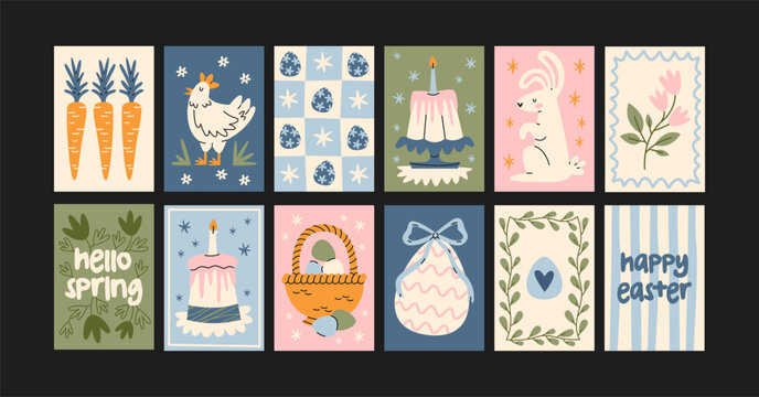 Easter posters with spring holiday illustrations featuring bunny, eggs and floral elements for seasonal decoration. Festive postcard collection for greeting cards, wall decor and holiday banner design