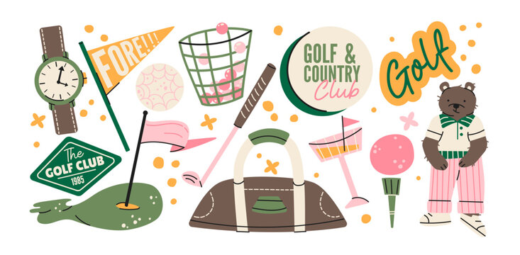 Golf stickers with golf equipment including clubs, balls, flags, bag and golf course elements. Golf club objects with player character, sport accessories and outdoor game elements collection