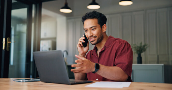 Laptop, phone call and businessman in office with communication for programming feedback. Computer, cellphone and male web developer on mobile discussion for online coding review in workplace.