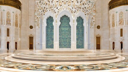 Obraz premium mihrab. The ornate mihrab of an empty mosque prayer hall with tile patterns. event programs, museum guides, designed for cultural heritage projects and event programs.