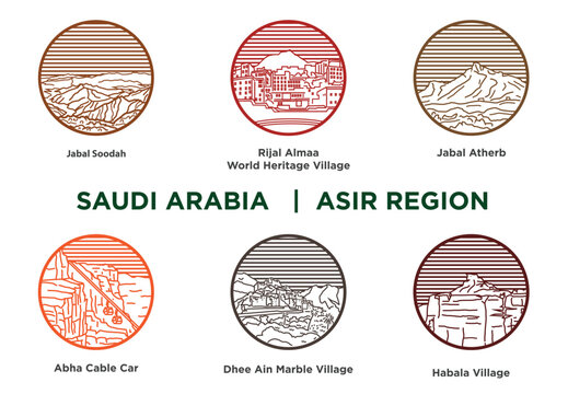 Asir Region Places and Tourist Destinations in Outline Art and Circular Frame