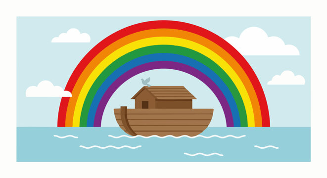 Flat vector illustration of God&rsquo;s covenant with Noah, featuring a large rainbow arching across the sky above Noah&rsquo;s ark resting on calm water, clear sky with minimal clouds.
