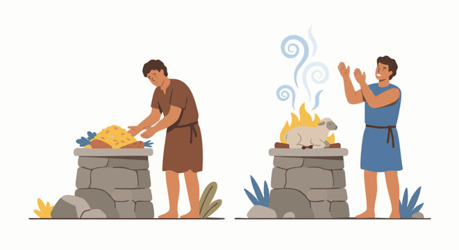 Flat vector illustration of Cain and Abel presenting their offerings at two simple altars, one altar with rising smoke and the other without, two male figures in contrasting postures. Bible story