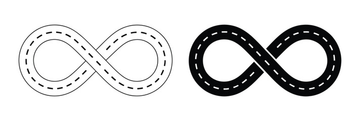 A set of infinity loop road icons in solid and outline styles. Ideal for transportation, travel, and infinite journey concepts. Perfect for logos, prints, and vector designs © muni