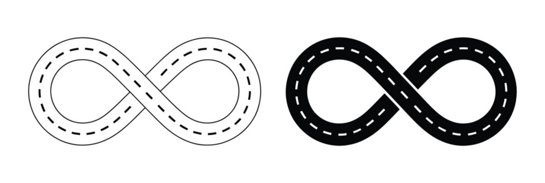 A set of infinity loop road icons in solid and outline styles. Ideal for transportation, travel, and infinite journey concepts. Perfect for logos, prints, and vector designs