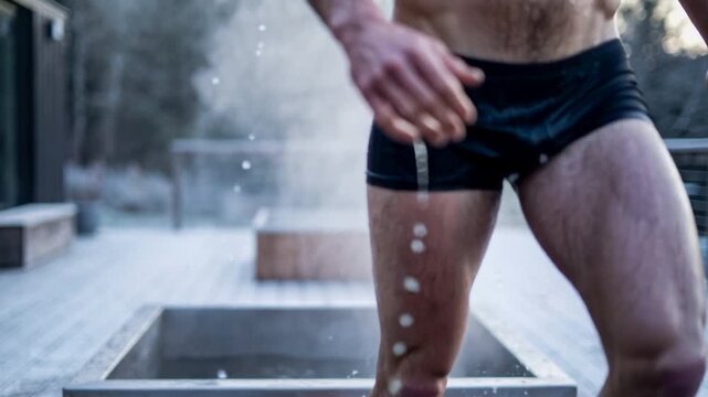 Muscular man emerging from an ice bath on a wooden deck, practicing cold water therapy in a cold outdoor setting. Steaming effect adds to the freezing ambiance. Video made using Generative AI.