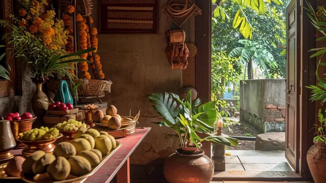Traditional Vishu Kani Arrangement with Fresh Fruits and Ornamental Decorations in a Rustic Kerala Home Interior