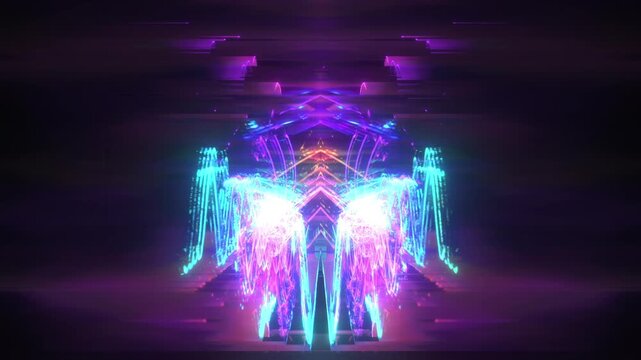Structure pink cyan neon light, bright arc shape rising from glowing center, laser like light lines and particle sparks, curved neon trails, strong contrast dark background, mirrored vertical