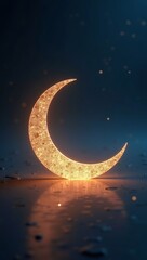 Glowing Crescent Moon Illuminated Against a Starry Night Sky Reflecting on Water.