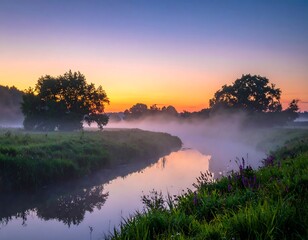 A serene river winds through a misty landscape at sunrise