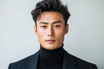 Fototapeta premium Studio headshot of a man wearing a black turtleneck and blazer. Neutral background and direct eye contact create a professional look.