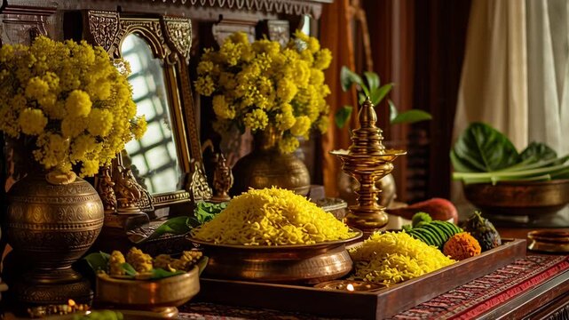 Traditional Vishu Kani Arrangement with Yellow Flowers and Sacred Items for Malayali New Year Celebration