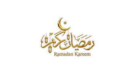 Obraz premium Ramadan Kareem golden crescent moon and lantern calligraphy greeting card design isolated on transparent background