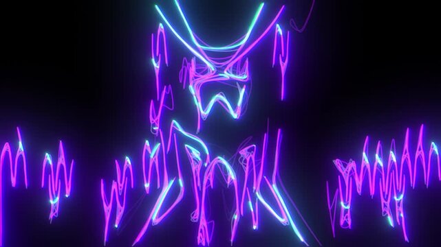 Streaks purple blue neon light, glowing waveform lines and oscillating electric curves, audio reactive style light paths, sharp peaks and pulses, strong contrast dark background, centered