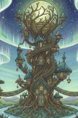 Fototapeta premium Enchanted Tree Village Under Moonlight Fantasy Illustration
