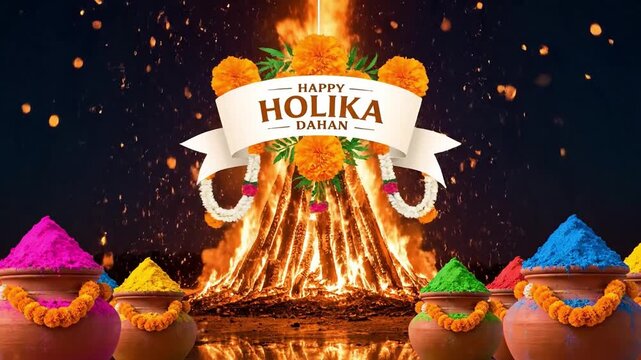 Vibrant Holika Dahan celebration in India with a burning effigy surrounded by colorful powder and decorated pots against a dark background.