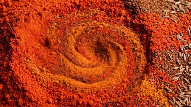 Seamless loop of finely ground crimson paprika powder slowly swirling and mixing with dark brown cumin creating an abstract kinetic background texture energy, texture, gourmet
