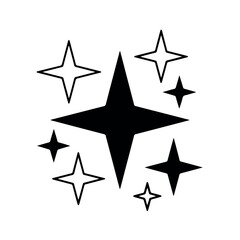 Obraz premium A dynamic cluster of various four-pointed and five-pointed star shapes, some solid black and others outlined, scattered artistically on a white background.