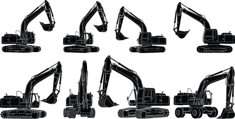 Silhouettes of various excavator types in multiple orientations and designs, showcasing construction machinery diversity in cad drawing vector format for industrial use.