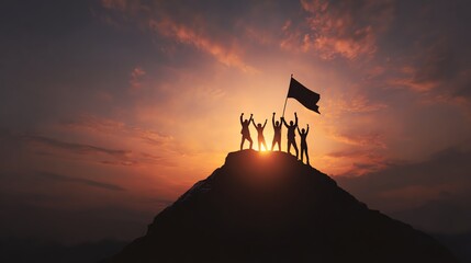 Silhouetted figures raising a flag at sunset.