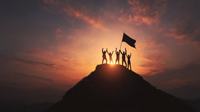 Silhouetted figures raising a flag at sunset.