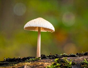 A small, light-colored mushroom grows on a mossy log