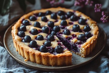 Delicious Blueberry Tart on Plate with Missing Slice