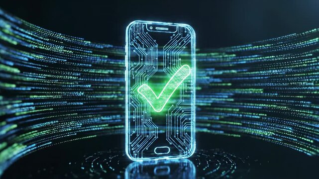 Seamless loop of flowing abstract data streams converging into a holographic smartphone projection that displays a final digital validation checkmark approved, visualization, clean