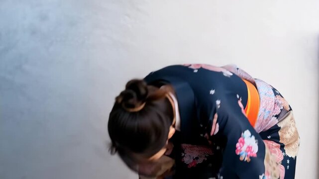 woman in kimono, Portrait of a young Japanese woman dressed in a traditional kimono, standing against a softly blurred background, The kimono features intricate patterns and vibrant colors