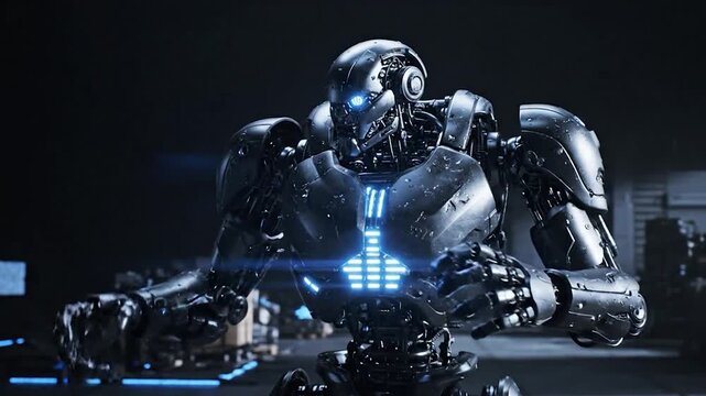 Detailed humanoid robot with blue glowing eyes and chest, standing in a dark facility