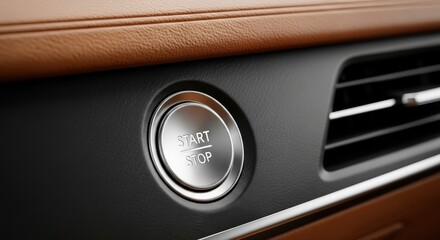 Close up of a car s dashboard with a prominent start stop button