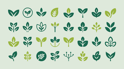 A collection of diverse green leaf illustrations are displayed against a pale green background showcasing various shapes and styles high quality professional detailed modern elegant stylish