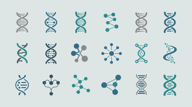 A collection of teal and gray dna helix and molecular structure icons arranged in a grid pattern on a light background high quality professional detailed modern