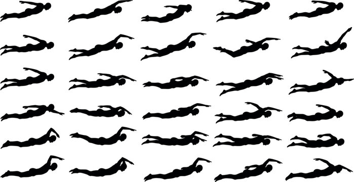 Swimmer silhouette animation sprite sheet freestyle stroke sequence frames for sport motion design vector
