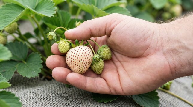 Close up of a light-skinned adult hand touching a ripe white pineberry strawberry with red seeds in an outdoor garden during the day, agricultural concept of unique exotic fruit harvest.