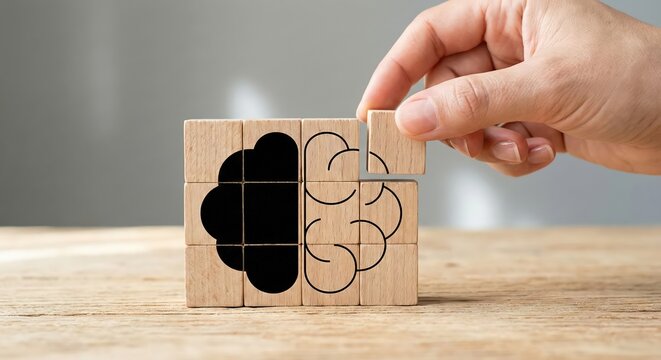 Adult hand placing wooden block to complete a human brain puzzle on a wooden desk, representing mental health, cognitive development, and logic, indoor office setting.