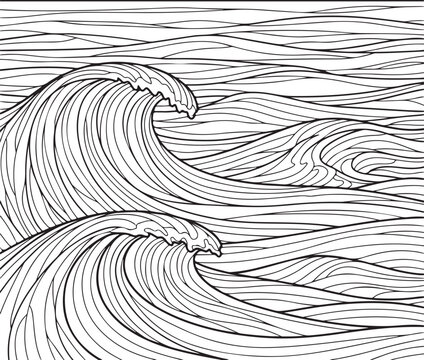Dynamic outline illustration of ocean waves with intricate linear details, perfect for coastal or abstract designs. , Generative Ai
