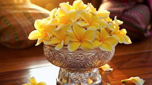 Pi Mai Dok Champa Flowers Yellow Frangipani in Silver Bowl