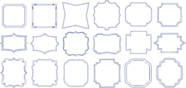 Collection of twenty decorative blue outlined frames on white background border ornate